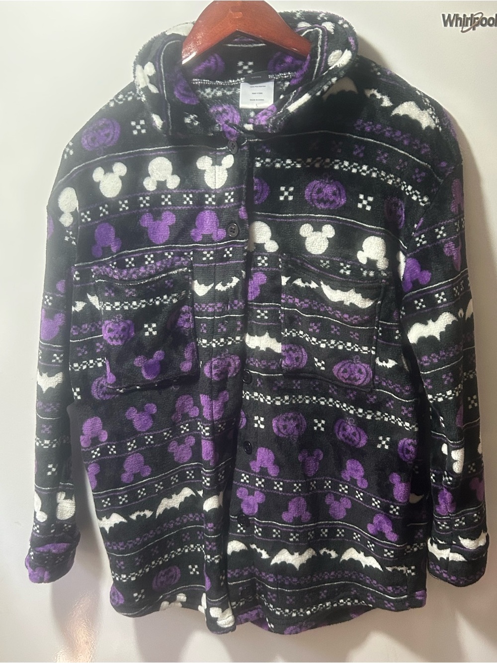 Disney Black, Purple & White Mickey Pattern Button-Down Fleece Shirt